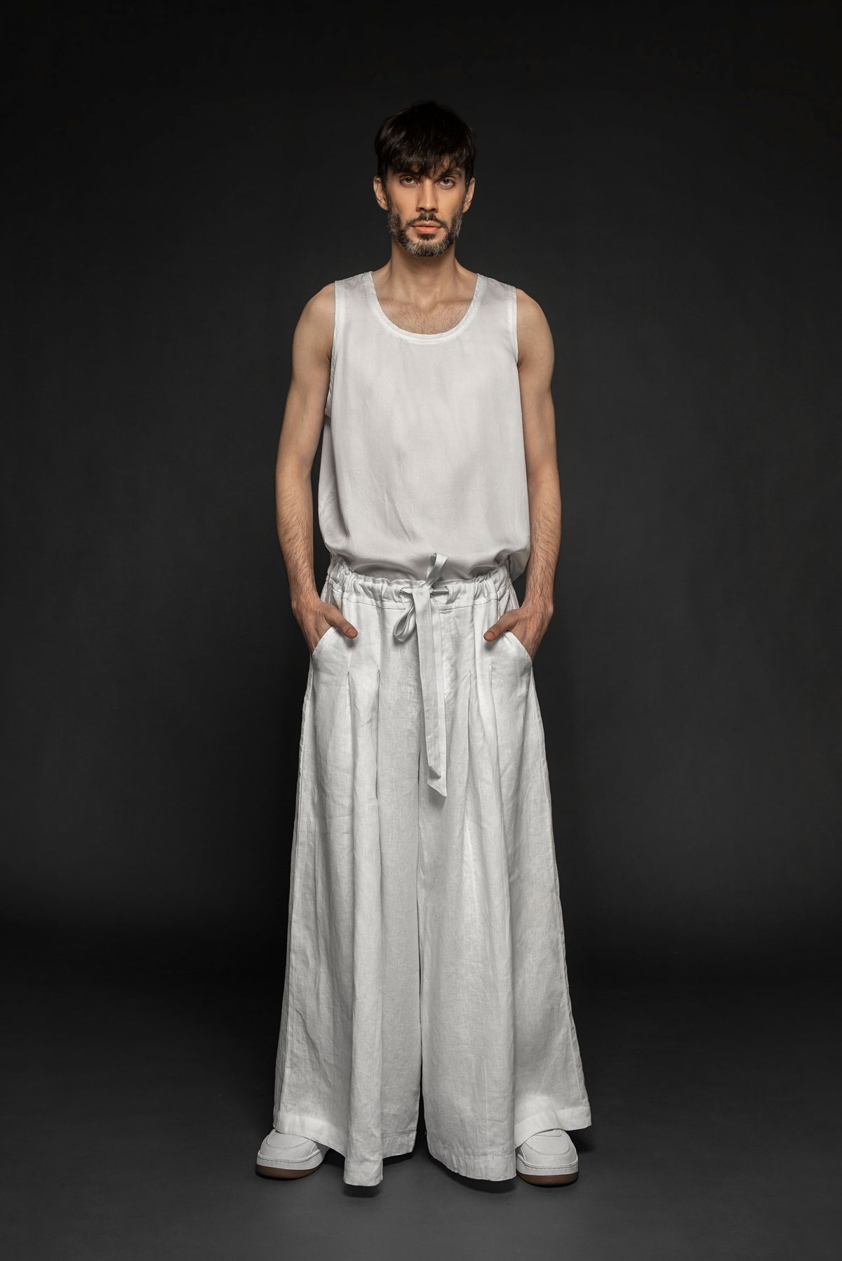 Syomsz Dhoti wide-leg linen pants in white, back view