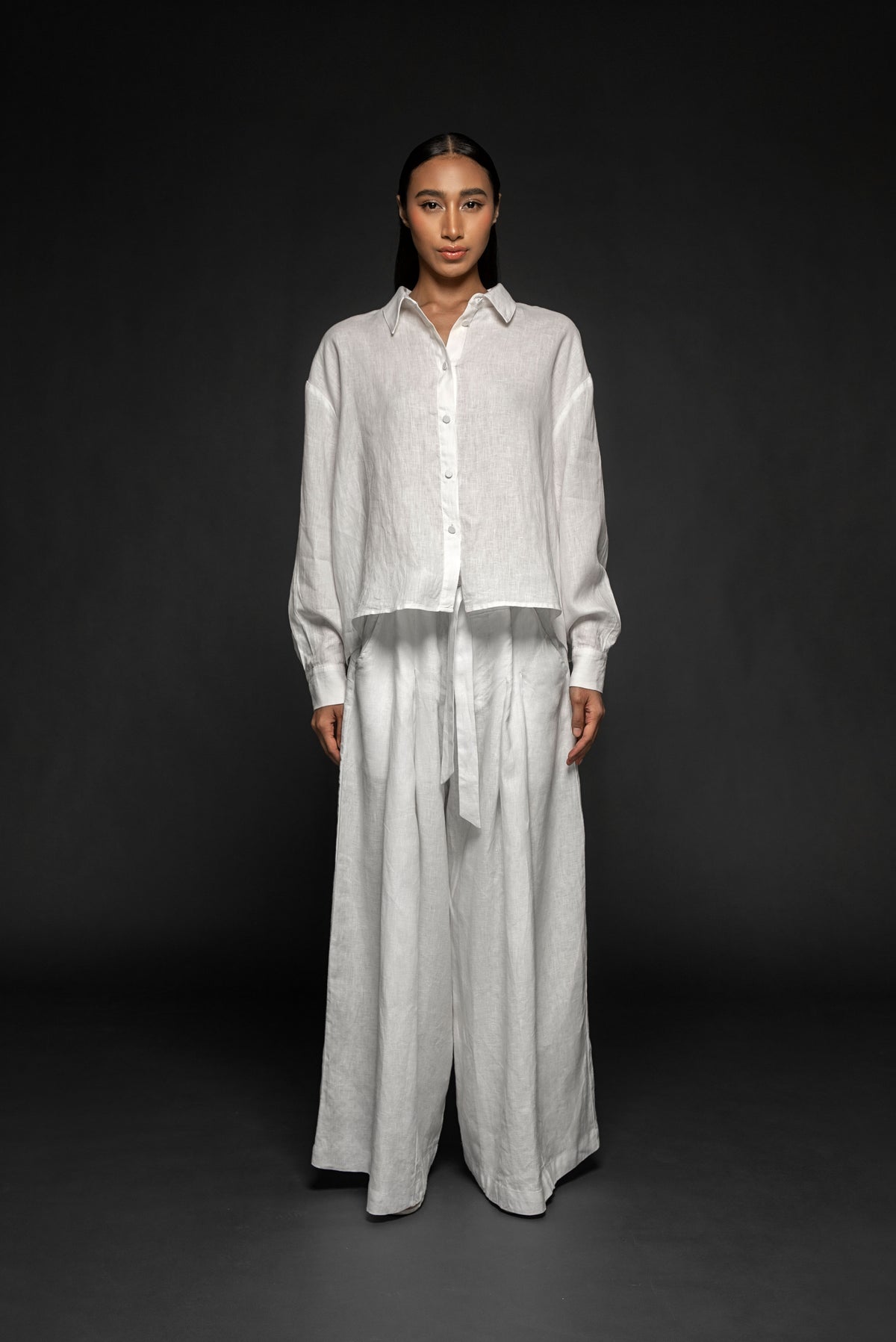 Syomsz Qamis oversized linen shirt in white, front view