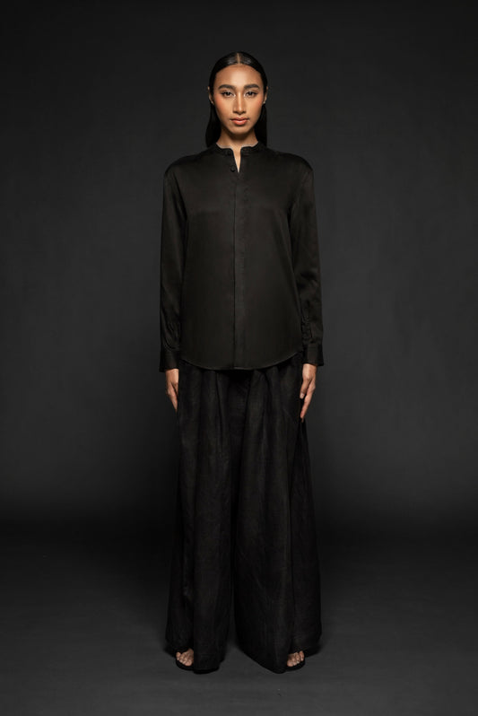 Syomsz Nehru collar shirt in black Tencel