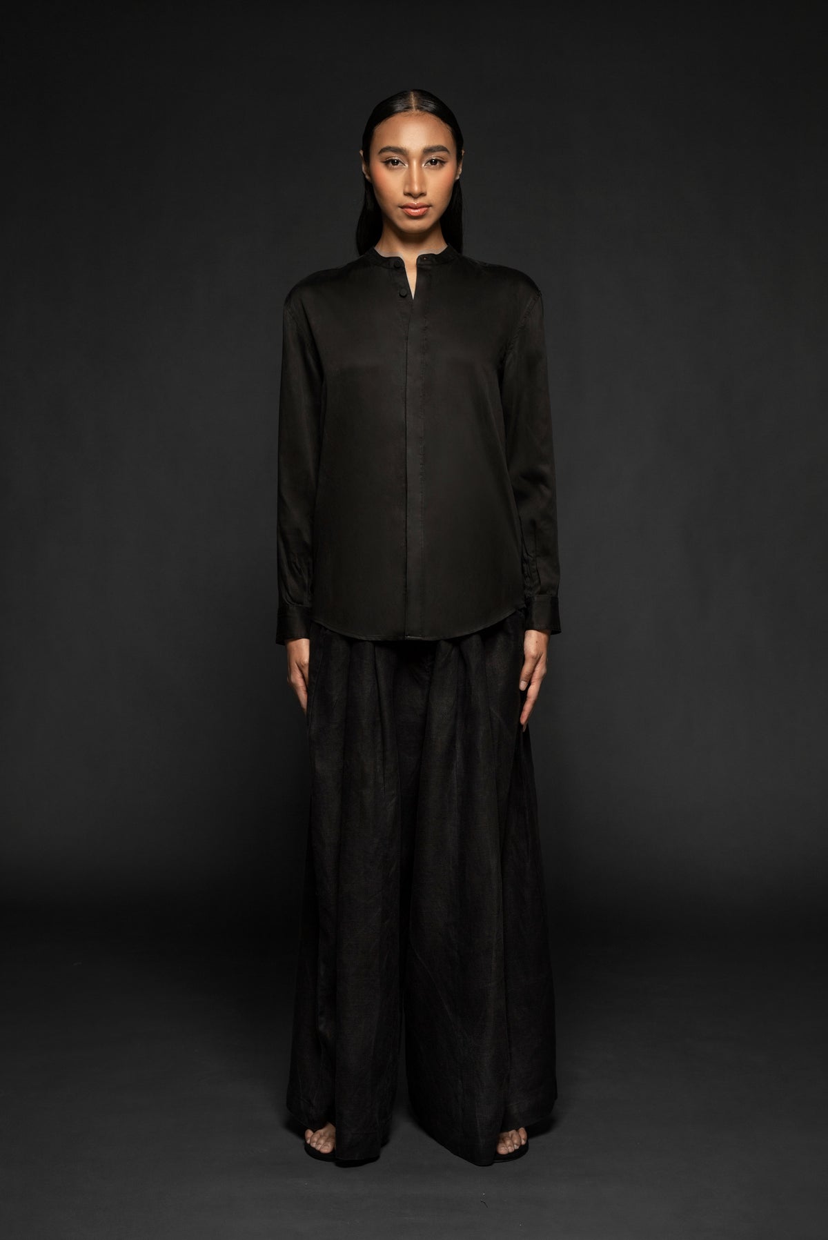 Syomsz Nehru collar shirt in black Tencel, front view