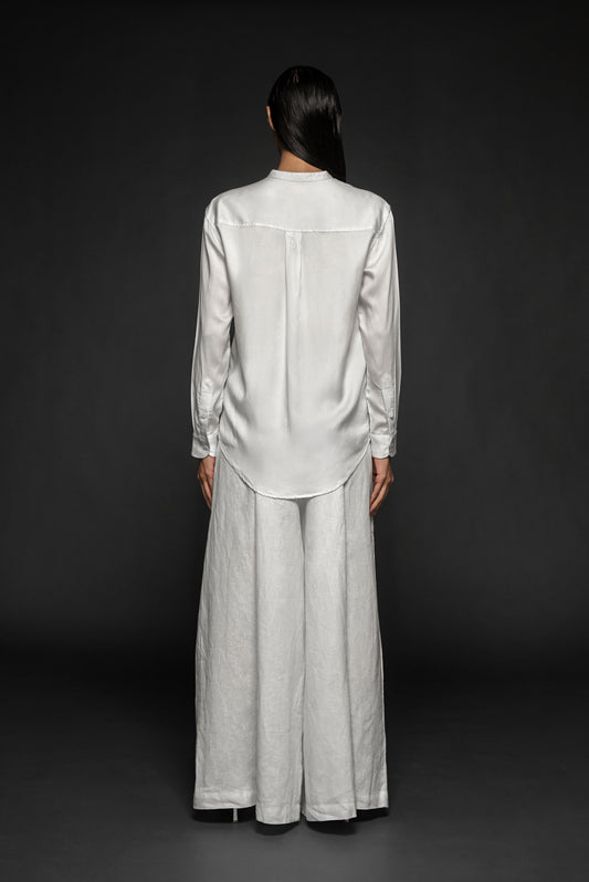 Syomsz Nehru collar shirt in white Tencel, side view